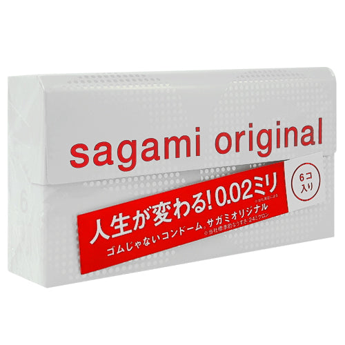 Sagami Original 0.02 Box of 6 ultra-thin non-latex polyurethane condoms, showcasing the packaging and product details.