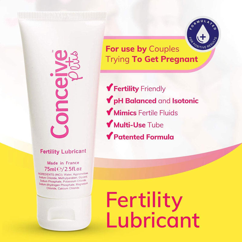 Sasmar Conceive Plus Fertility Lubricant 75ml bottle with a sleek design, showcasing its pH balanced formula for couples trying to conceive.