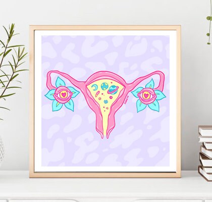 A limited edition fine art print titled 'Secret Universes of Women', featuring vibrant colors and intricate details, hand-signed by the artist.