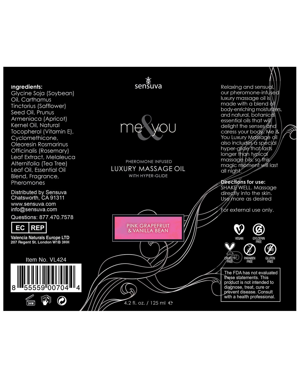 Sensuva ME & YOU Massage Oil Grapefruit Vanilla bottle with a luxurious design, showcasing its enticing grapefruit and vanilla scent.