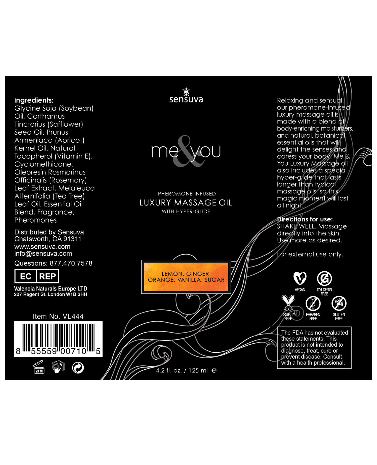 Sensuva ME & YOU Massage Oil in Sugar & Citrus, a luxurious bottle with a vibrant label, designed for intimate massages.