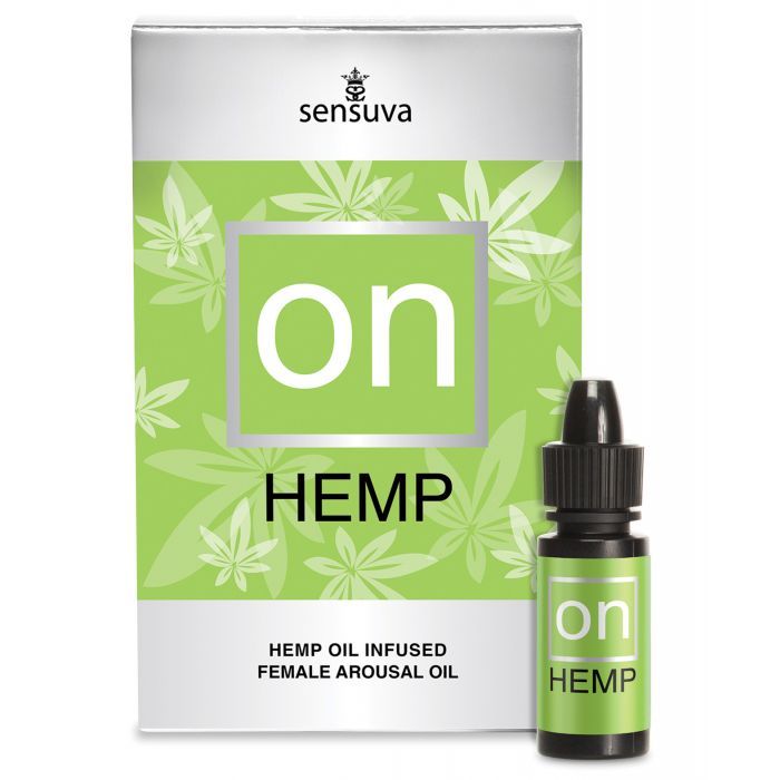 Sensuva ON Hemp Oil Infused Female Arousal Oil 5ml bottle with a sleek design, showcasing its natural ingredients and stimulating properties.