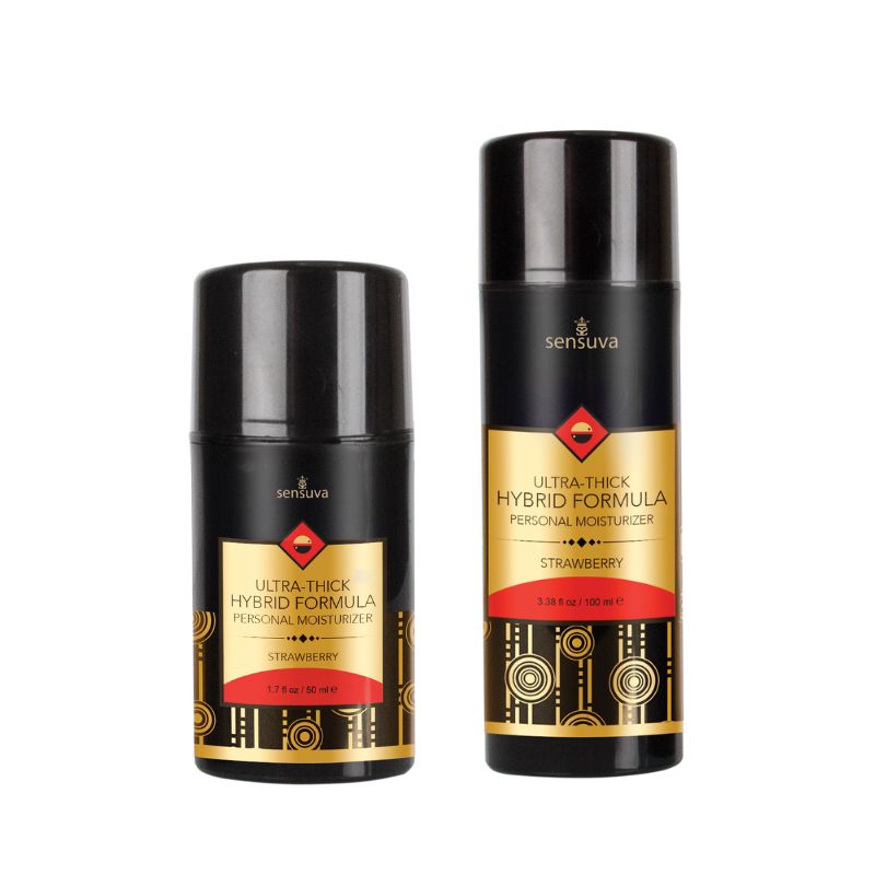 Sensuva Ultra Thick Hybrid Personal Moisturizer in strawberry scent, showcasing its luxurious packaging and texture.