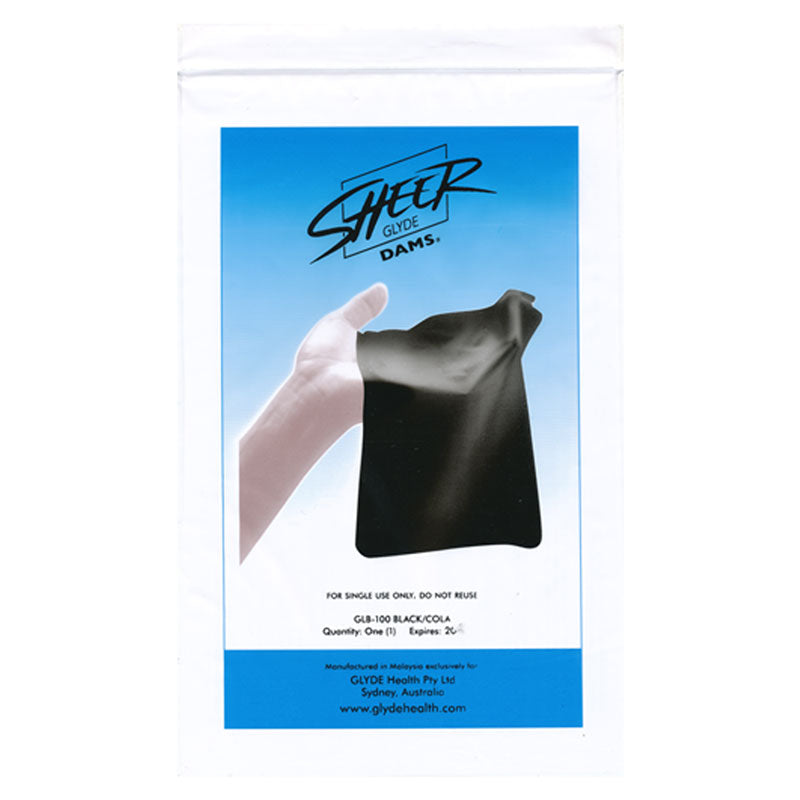 Sheer Glyde Dams in black color with cola scent, showcasing a vegan-friendly dental dam made from natural rubber latex.