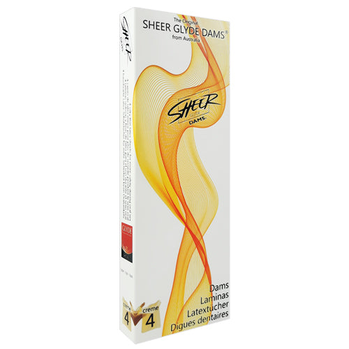 Sheer Glyde Dams Creme Box 4 featuring natural rubber latex dental dams in cream color with vanilla scent.