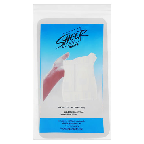 Sheer Glyde Dams Creme Box 4 featuring natural rubber latex dental dams in cream color with vanilla scent.