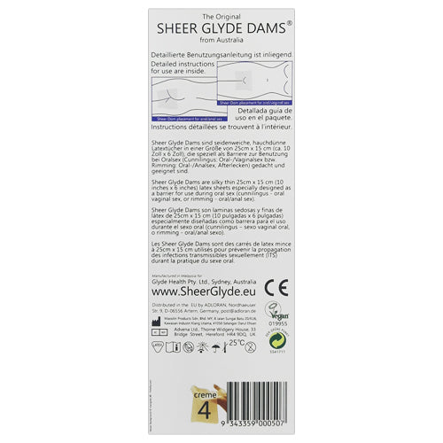 Sheer Glyde Dams Creme Box 4 featuring natural rubber latex dental dams in cream color with vanilla scent.