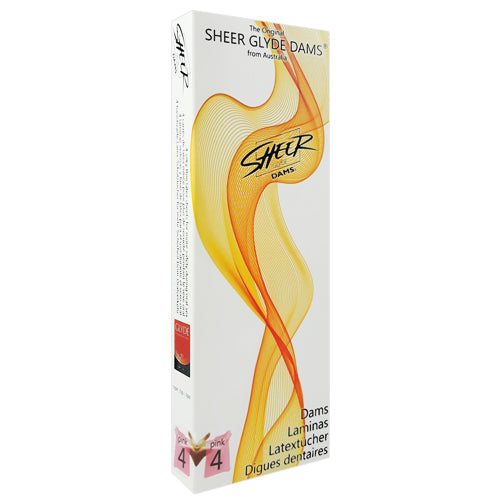 Sheer Glyde Dams Pink Box 4 featuring vibrant pink dental dams with a strawberry scent, designed for safe oral sex.