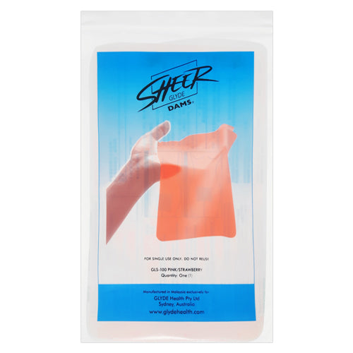 Sheer Glyde Dams Pink Box 4 featuring vibrant pink dental dams with a strawberry scent, designed for safe oral sex.