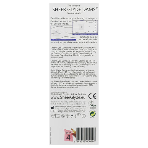 Sheer Glyde Dams Pink Box 4 featuring vibrant pink dental dams with a strawberry scent, designed for safe oral sex.