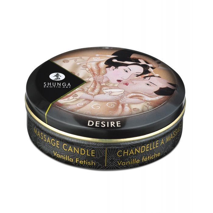 Shunga Desire Massage Candlelight Vanilla 30 ml, a soy-based candle with a warm glow and inviting vanilla scent, perfect for intimate massages.