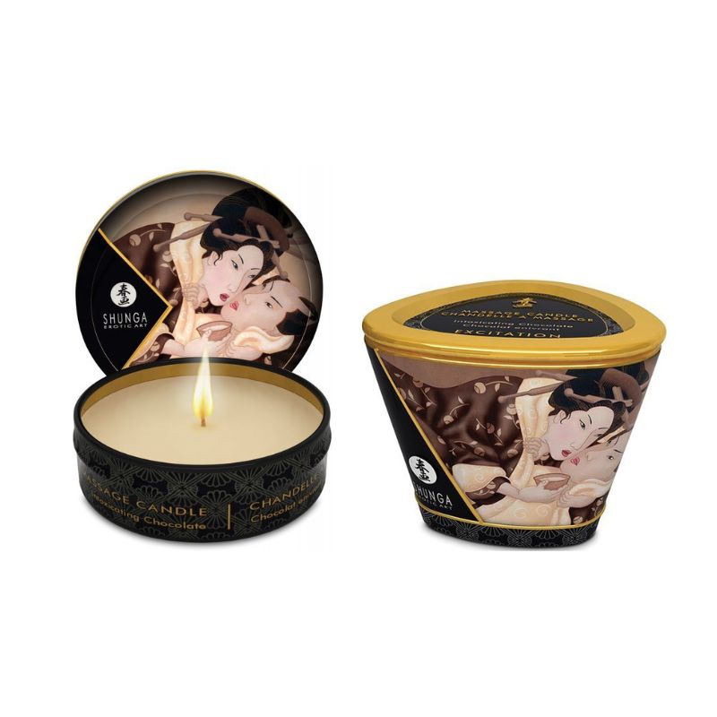 Shunga Excitation Massage Candle in Intoxicating Chocolate scent, showcasing its elegant design and warm glow.