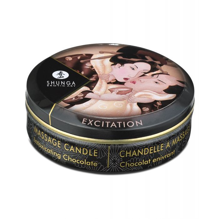 Shunga Excitation Massage Candle in Intoxicating Chocolate scent, showcasing its elegant design and warm glow.