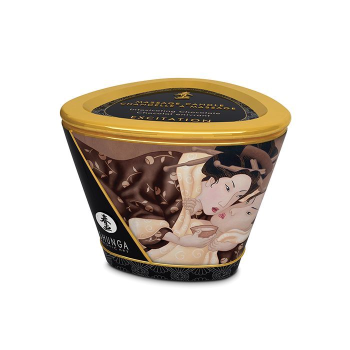 Shunga Excitation Massage Candle in Intoxicating Chocolate scent, showcasing its elegant design and warm glow.