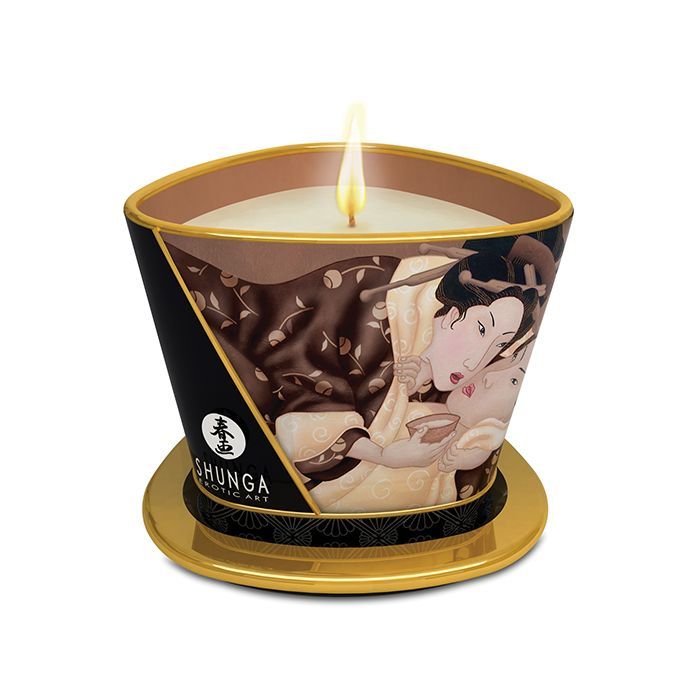 Shunga Excitation Massage Candle in Intoxicating Chocolate scent, showcasing its elegant design and warm glow.