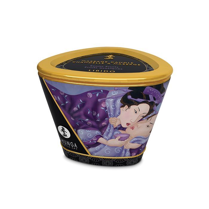 Shunga Libido Massage Candlelight in Exotic Fruits scent, showcasing a beautifully designed candle with a warm glow, perfect for romantic settings.