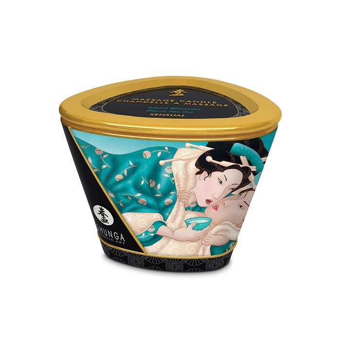 Shunga Massage Candle Island Blossoms 170ml with a warm glow and floral design, perfect for sensual massages.