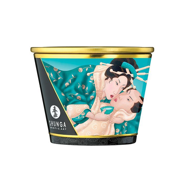 Shunga Massage Candle Island Blossoms 170ml with a warm glow and floral design, perfect for sensual massages.