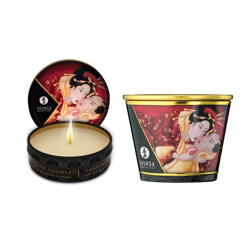 Shunga Romance Massage Candle in Strawberry Wine scent, featuring a sleek design and warm glow, perfect for intimate settings.