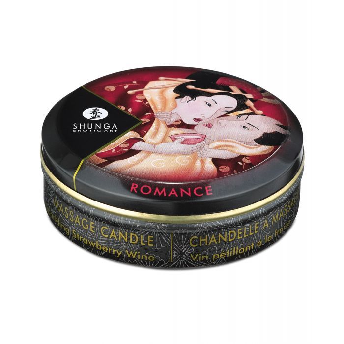 Shunga Romance Massage Candle in Strawberry Wine scent, featuring a sleek design and warm glow, perfect for intimate settings.