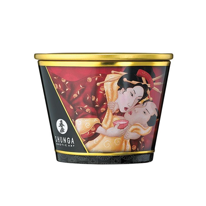 Shunga Romance Massage Candle in Strawberry Wine scent, featuring a sleek design and warm glow, perfect for intimate settings.