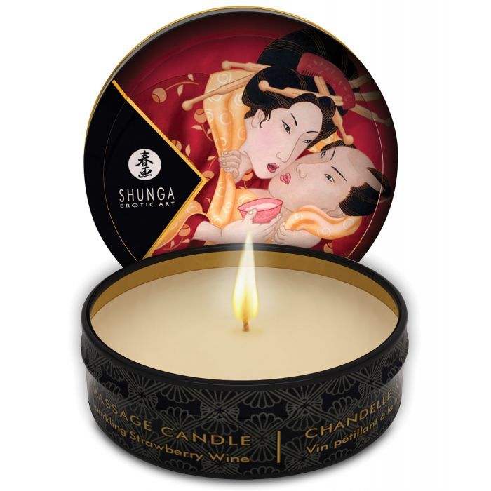 Shunga Romance Massage Candle in Strawberry Wine scent, featuring a sleek design and warm glow, perfect for intimate settings.