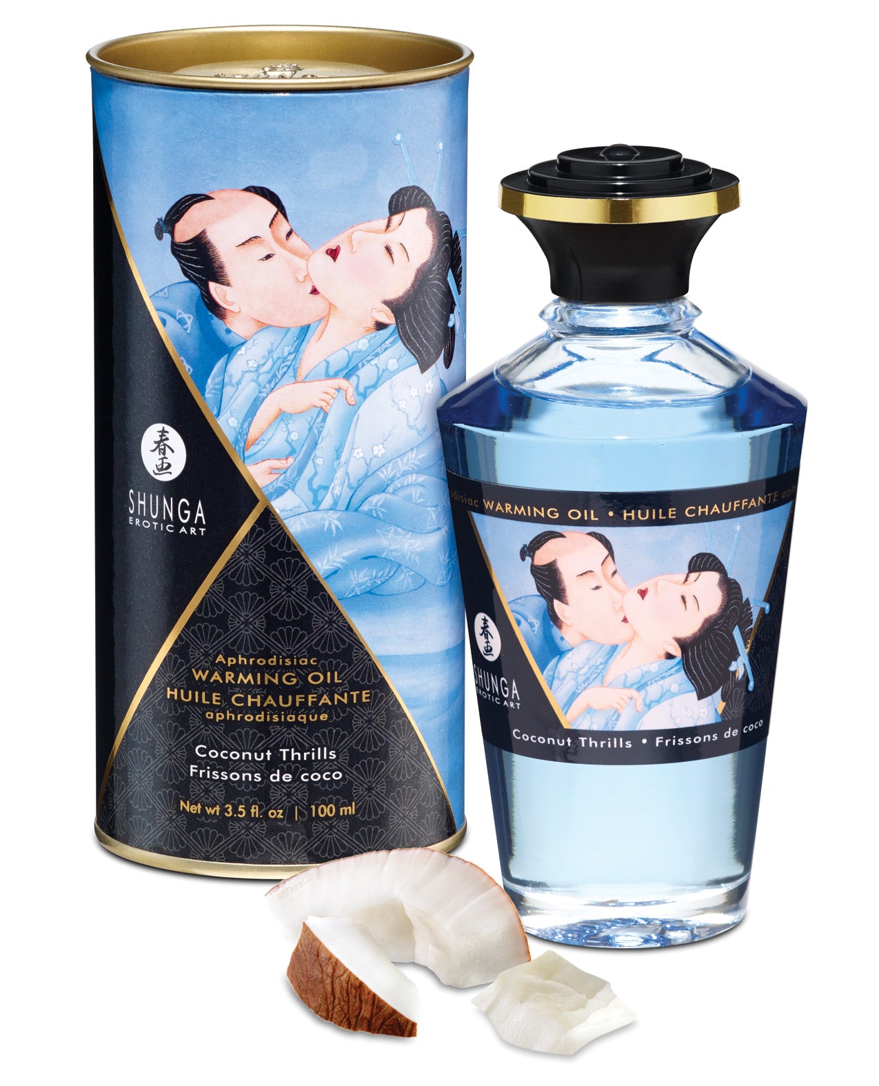 Shunga Warming Oil Coconut Thrills 3.5 fl oz bottle with a tropical coconut design, perfect for intimate massages.