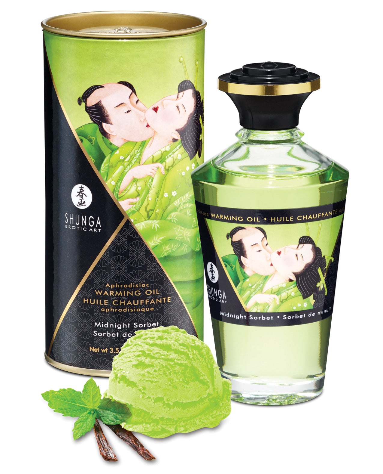 Shunga Warming Oil Midnight Sorbet 3.5 fl oz bottle with a vibrant label showcasing its flavor and warming properties.