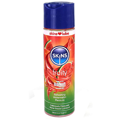 Skins Fruity Refreshing Watermelon Pleasure 130ml lubricant bottle with a vibrant watermelon design.