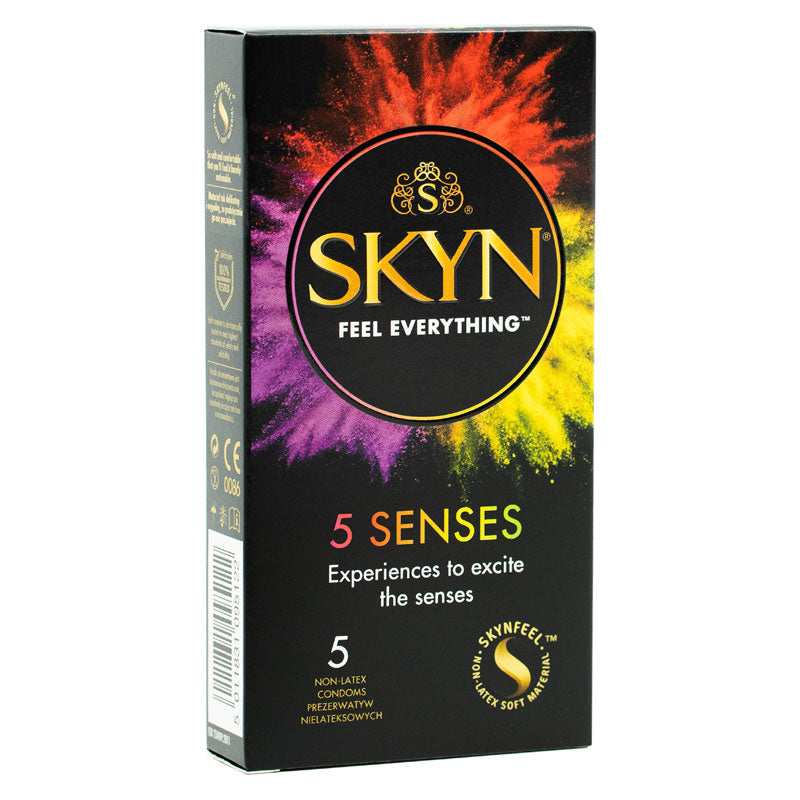 SKYN 5 Senses Box 5 featuring five unique condoms with different sensations, showcasing the packaging and product details.