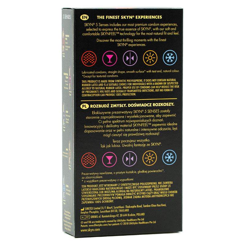 SKYN 5 Senses Box 5 featuring five unique condoms with different sensations, showcasing the packaging and product details.