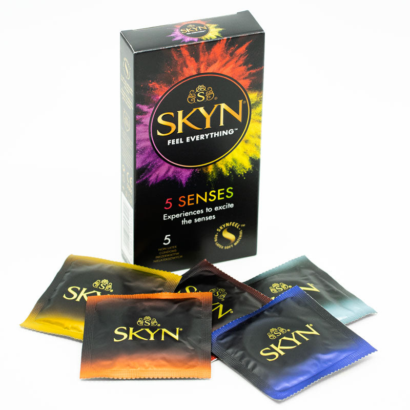 SKYN 5 Senses Box 5 featuring five unique condoms with different sensations, showcasing the packaging and product details.