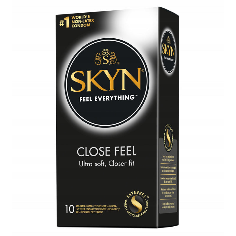 SKYN Close Feel Box 10 condoms, ultra-soft and thin, designed for enhanced sensitivity and comfort, ideal for latex allergy sufferers.