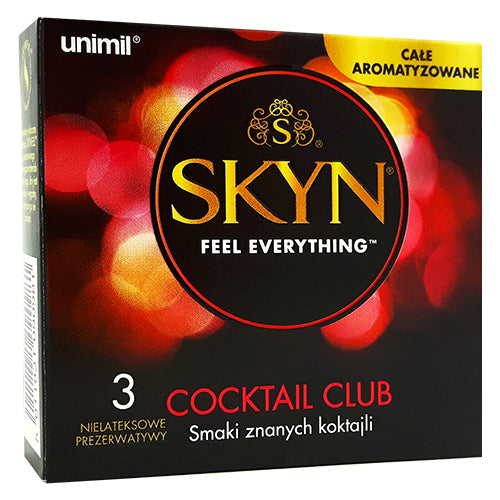 SKYN Cocktail Club Box 3 featuring flavored condoms in Piña Colada, Cherry Sunrise, and Passion Daiquiri flavors, showcasing the packaging and product details.