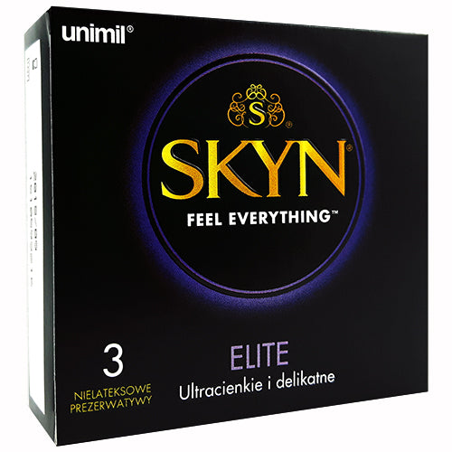 SKYN Elite Box 3 condoms, ultra-thin polyisoprene, packaged in a sleek box, ideal for enhanced sensitivity.