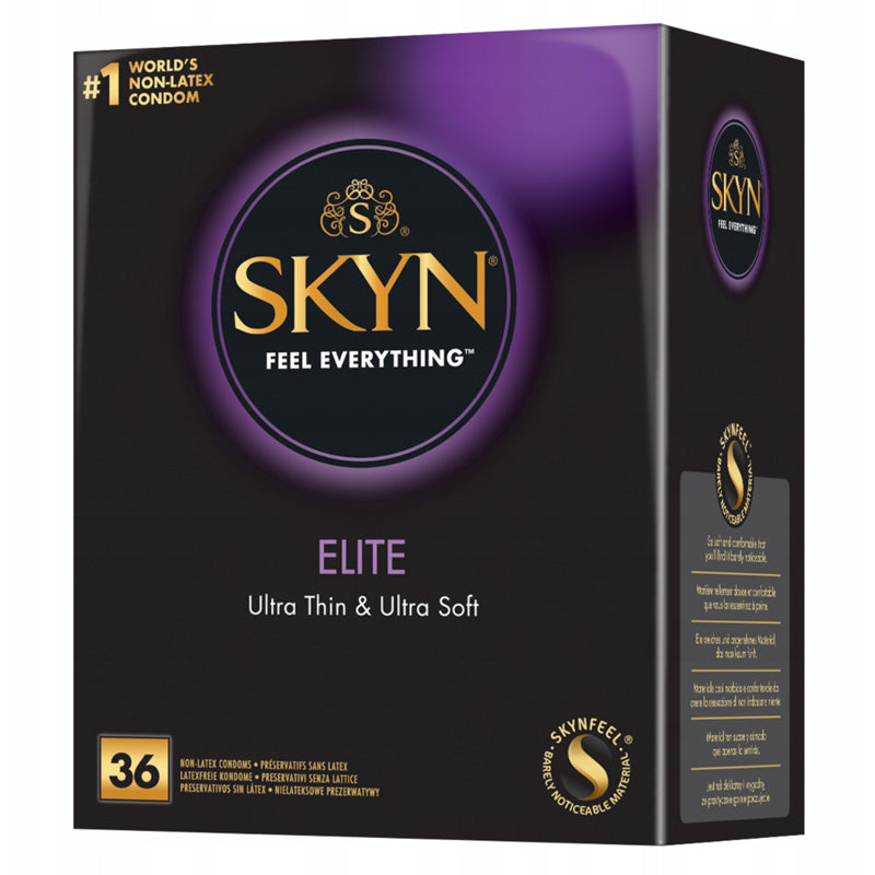 SKYN Elite Box 36 condoms, ultra-thin and latex-free, designed for maximum sensitivity and comfort.