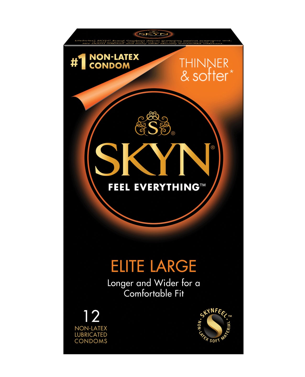 SKYN Elite Large Box 12 featuring premium polyisoprene condoms designed for comfort and sensitivity.