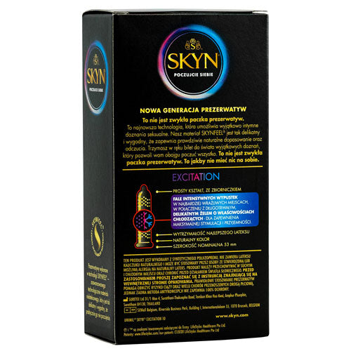 SKYN Excitation Box 10 featuring non-latex condoms with wave texture and cooling gel for enhanced pleasure.