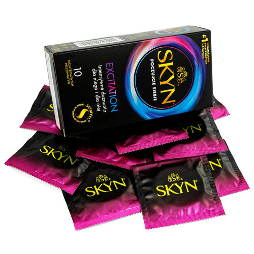 SKYN Excitation Box 10 featuring non-latex condoms with wave texture and cooling gel for enhanced pleasure.