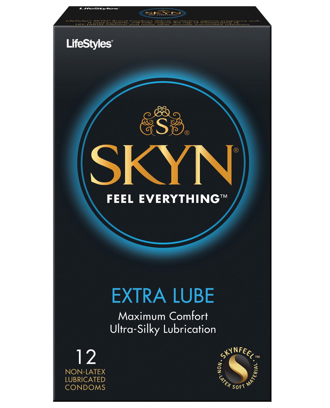 SKYN Extra Lubricated Box of 12 condoms, featuring a sleek design and packaging, showcasing the non-latex polyisoprene material.