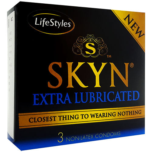 SKYN Extra Lubricated condoms in a box, showcasing their premium polyisoprene material and extra lubrication for enhanced comfort.