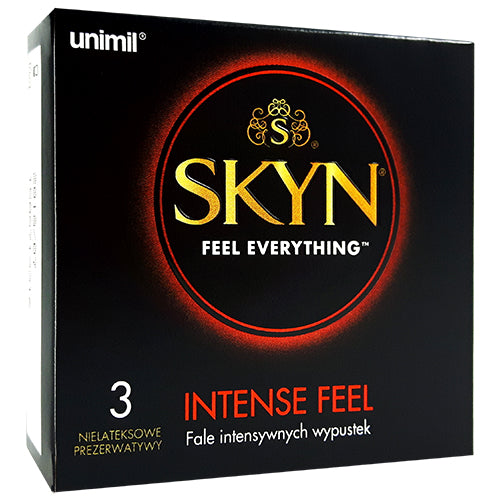 SKYN Intense Feel Box 3 featuring premium non-latex condoms with wave design texture and raised dots for enhanced pleasure.