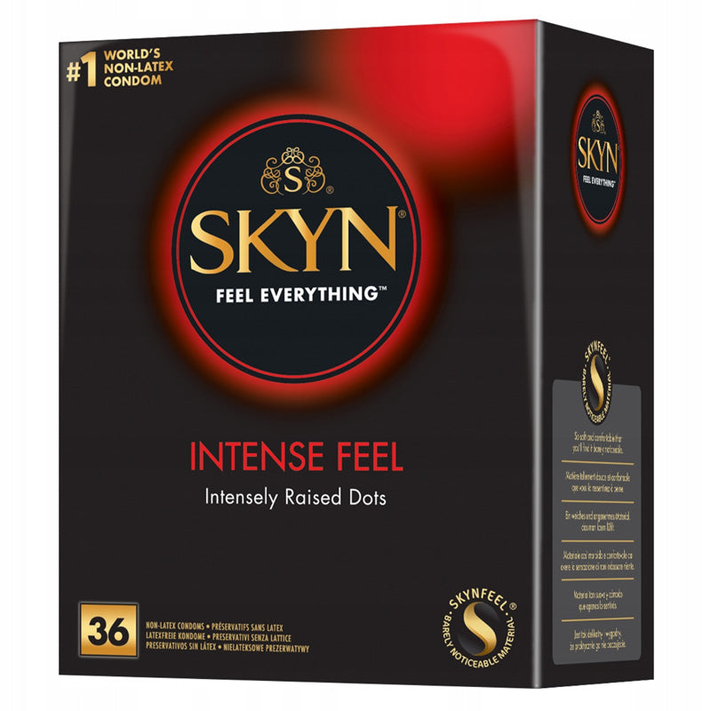 SKYN Intense Feel Box 36 featuring textured condoms with raised dots for enhanced stimulation, packaged in a sleek box.