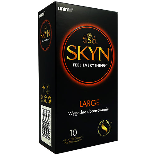 SKYN Large Box 10 condoms featuring a sleek design, showcasing the packaging and highlighting the non-latex polyisoprene material.