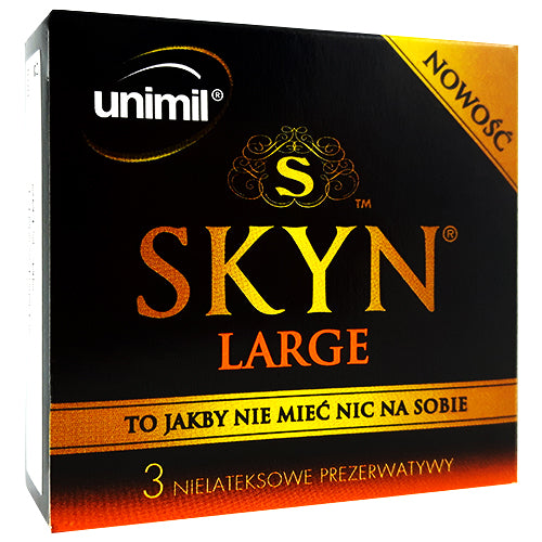 SKYN Large Box 3 condoms, featuring a sleek design and packaging, showcasing the premium polyisoprene material for enhanced sensitivity.