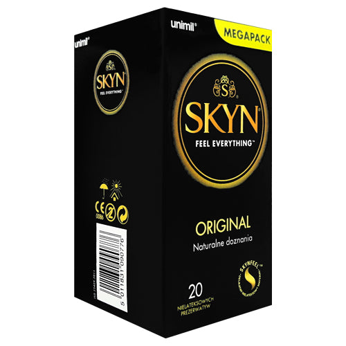 SKYN Original Box 20, featuring premium polyisoprene condoms for ultimate sensitivity and comfort.