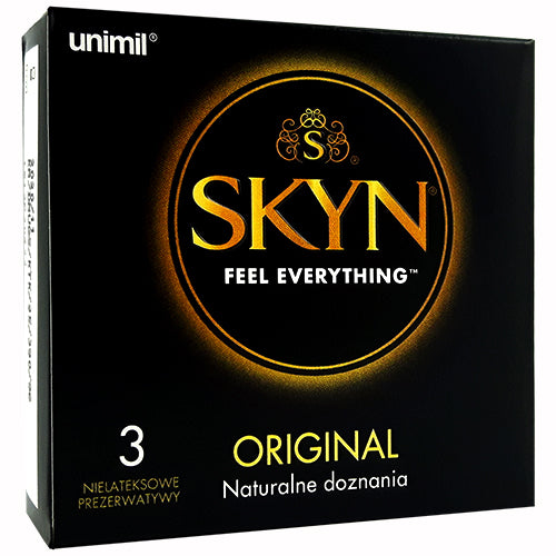 SKYN Original Box 3 featuring polyisoprene non-latex condoms, ultra-thin and odor-free for ultimate sensitivity.