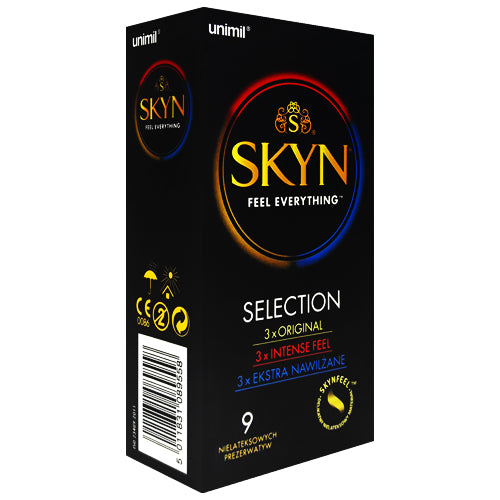 SKYN Selection Box 9 featuring nine premium polyisoprene condoms, including Original, Intense Feel, and Extra Lubricated varieties.