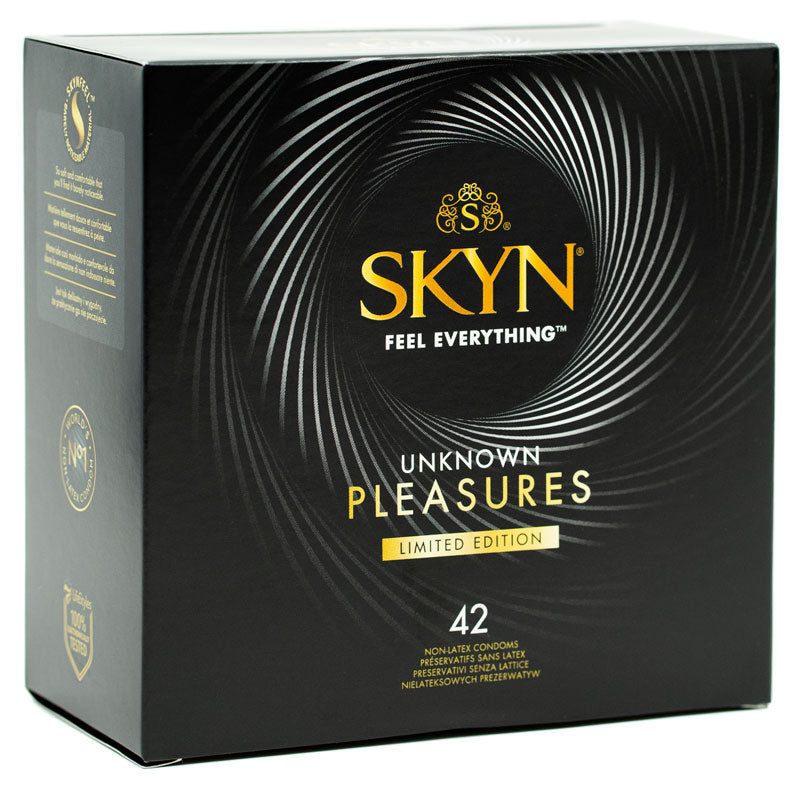 SKYN Unknown Pleasures Box 42 featuring assorted condoms with smooth and textured designs, flavored options, and quality assurance.