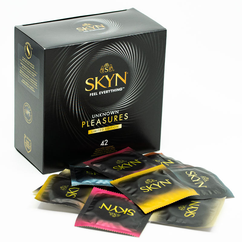 SKYN Unknown Pleasures Box 42 featuring assorted condoms with smooth and textured designs, flavored options, and quality assurance.